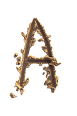 Alphabet (A) letters handwritten in sand on beach