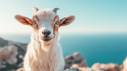 Obraz premium A close-up of a smiling goat on a mountainside showcases its adorable features against a breathtaking background, embodying the essence of joy in nature.