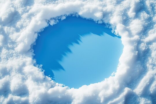Fototapeta Circular white snow frame against a clear blue sky creates a serene winter scenery