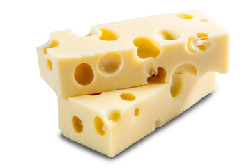 two pieces of maasdamer cheese on a white background