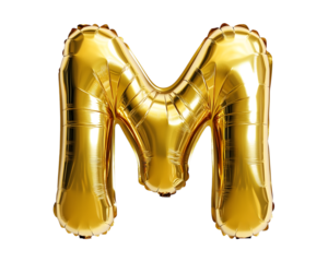 Gold Letter M Foil Balloon on Transparent Background