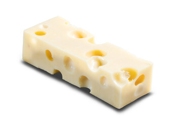 small block of Maasdamer cheese on white background
