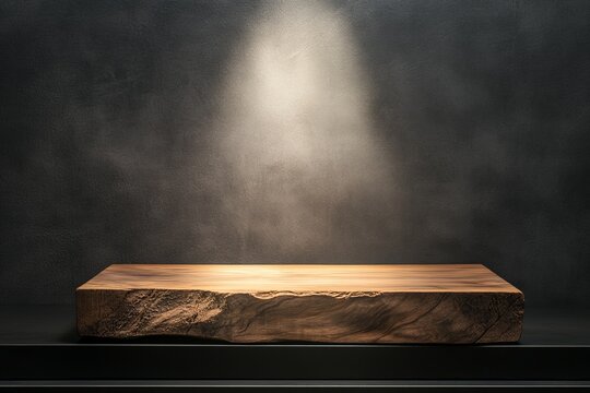 Wooden display platform, dark background, spotlight, product presentation
