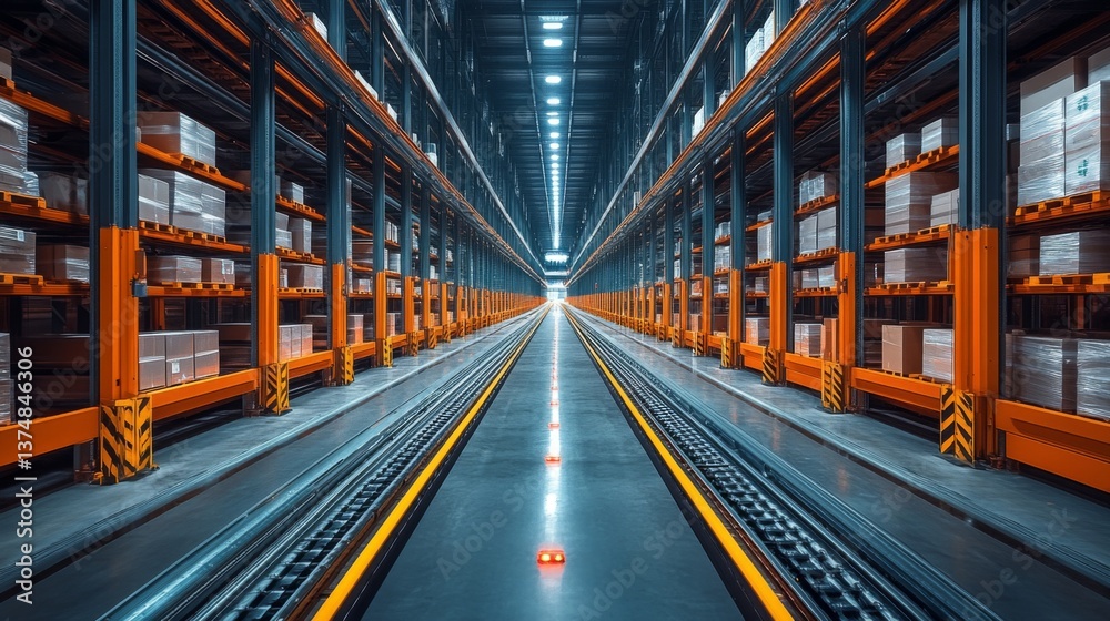 Poster a spacious warehouse designed for logistics and distribution, showcasing neatly arranged storage she