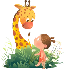 Fototapeten Little cute baby girl in nature with giraffe friend. Cute child and her friendly giraffe outdoors in the flower setting. Vector cartoon isolated clip art for kindergarten kids. © Popmarleo
