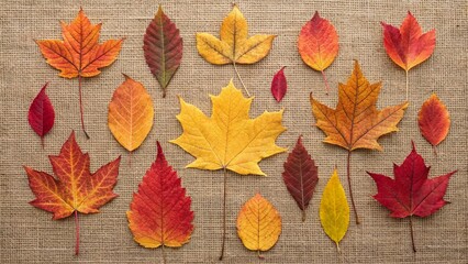 Obraz premium A flat lay of colorful autumn leaves on a textured background, showcasing the season's beauty. 