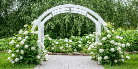 Fototapeta premium Garden arch with flowers and plants on a homestead or cottage backyard. Summer decoration of the garden.