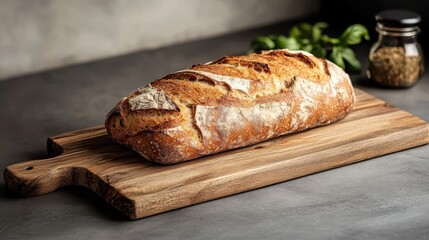 Freshly baked artisan bread loaf displayed elegantly on a rustic wooden board, showcasing a crispy crust and inviting texture, ideal for culinary photography.