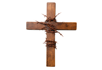 A wooden cross is adorned with a crown of thorns isolated on transparent background