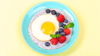 stylish breakfast composition featuring sunny side up egg on bed of oatmeal, garnished with fresh berries and mint leaves