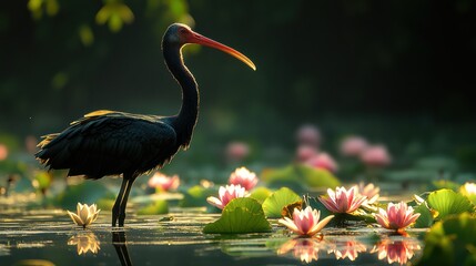 A Giant Ibis stalking through bomb crater pools in Cambodian minefields, war legacy and conservation hope intertwined 