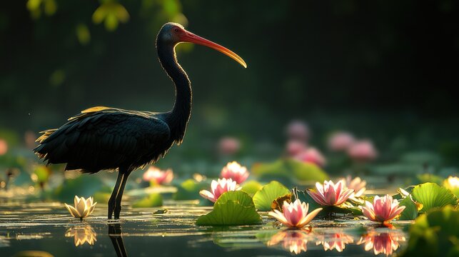 A Giant Ibis stalking through bomb crater pools in Cambodian minefields, war legacy and conservation hope intertwined 