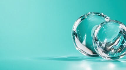 These two glass spheres overlap beautifully, reflecting light and casting delicate shadows against a turquoise backdrop, embodying modern artistry and creativity in simplicity.