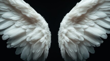 Fototapeta premium These beautifully detailed white wings are positioned symmetrically, capturing the viewer's imagination with their graceful and delicate structure on the dark backdrop.
