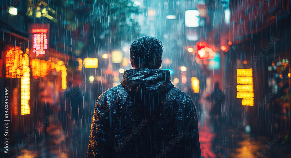 Poster a person stands in a vibrant urban setting amidst rain, surrounded by neon lights. the scene capture