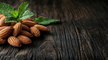 A rustic display of almonds with fresh mint leaves resting on a textured wooden surface, illustrating natural ingredients and healthy snacking options.