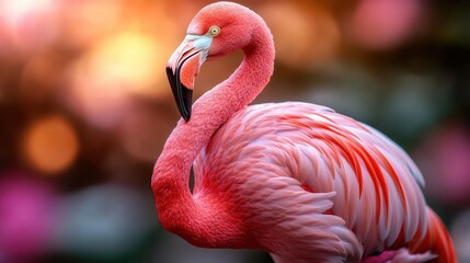 Obraz premium This vibrant pink flamingo showcases its stunning plumage and elegant pose amidst a beautifully blurred natural backdrop, symbolizing grace and beauty.