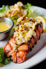 A delectable skewer of grilled lobster tail topped with creamy cauliflower and cheese, served on a white plate with a side of fresh lemon wedges and a small bowl of mustard dipping sauce