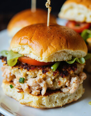 A mouthwatering slider sandwich with crispy bacon, fresh lettuce, and juicy tomato, served on a soft bun with a toothpick through the center, all presented on a white plate
