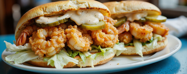 A mouthwatering sandwich filled with crispy fried shrimp, fresh lettuce, and a tangy white sauce, served on a soft bun with a side of pickles, all presented on a white plate