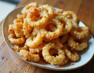 A plate of goldenbrown, crispy onion rings sits on a wooden table, their texture and color suggesting they have been freshly fried to perfection