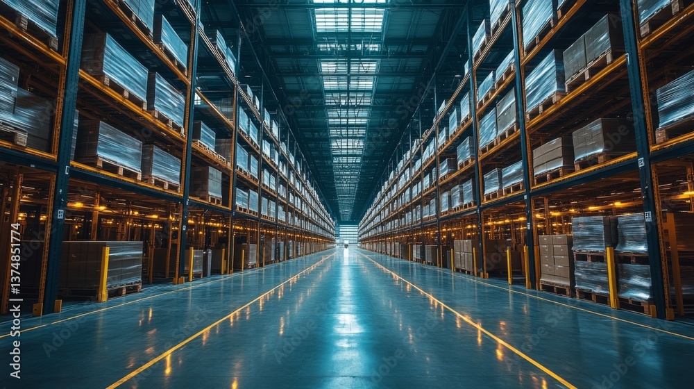 Poster inside a spacious warehouse, tall shelves are filled with neatly arranged inventory, showcasing a we