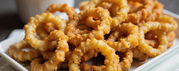 Crunchy fried onion rings on a white platter, perfect as a side dish or snack