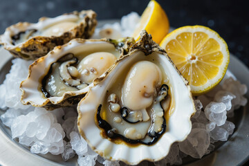 Freshly shucked oysters on a bed of crushed ice, garnished with a slice of lemon, ready to be enjoyed