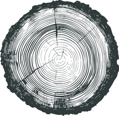 Cross section of tree trunk with detailed growth rings, black and white illustration. Vector illustration