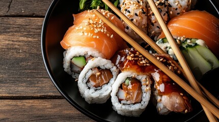 A beautifully arranged plate of assorted sushi, highlighting rich salmon and various rolls, showcasing culinary artistry and the joy of dining on vibrant seafood.