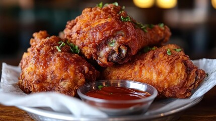 A tantalizing plate of crispy fried chicken wings garnished with parsley, served with a side of savory dipping sauce, perfect for any gathering or occasion.