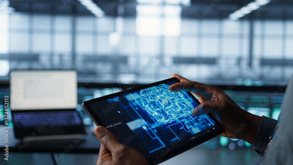 Poster programmer in data center using ai tech on tablet, testing equipment failover scenarios. server farm