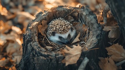 A hedgehog curled up in a cozy nest of autumn leaves within a hollowed-out tree stump, surrounded by warm earthy colors and soft natural light