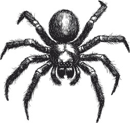 Detailed black and white illustration of a spider