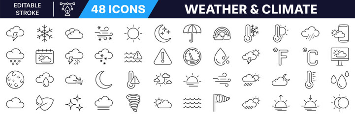 Weather and climate icon set. Linear style. Editable Stroke.