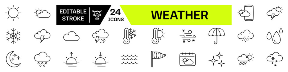Weather icon set. Climate symbol. Linear style. Editable Stroke.
