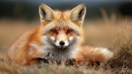 Naklejka premium A beautiful red fox rests gracefully amid golden grass, showcasing its striking fur and intense gaze, embodying the wild spirit of nature.