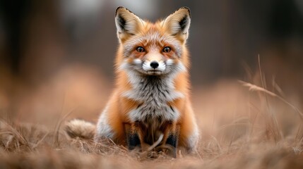 Fototapeta premium A cute red fox poses confidently in a grassy landscape, capturing the beauty and curiosity of wildlife in its natural habitat.