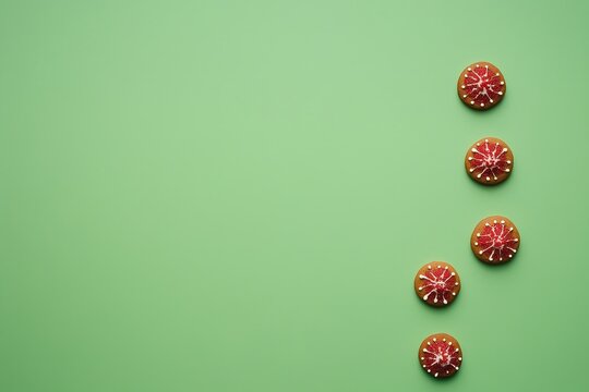 Fototapeta Christmas gingerbread cookies with red and white icing on a green background