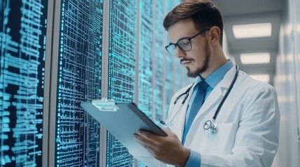 A focused doctor analyzes data on a digital screen, showcasing the intersection of healthcare and technology in a modern medical environment.
