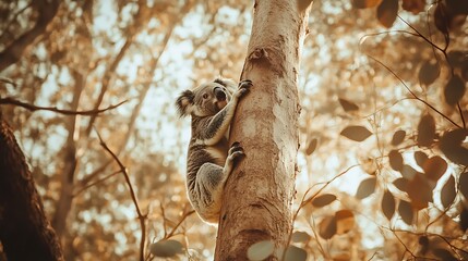 A koala perched on a eucalyptus tree, surrounded by soft sunlight filtering through leaves, creating a warm, serene atmosphere in a natural habitat