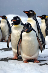Fototapeta premium A colony of penguins huddled together in Antarctica, braving a snowstorm in the background. A stunning display of wildlife resilience and survival in extreme cold. 