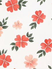 Seamless pattern of red flowers and green leaves on a white background. the flowers are arranged in a repeating pattern, with each flower having a unique shape and size.