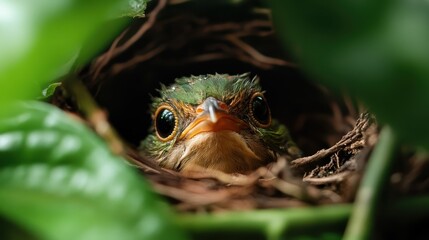 Fototapeta premium A vividly colored bird peeking from its hidden nest, surrounded by lush leaves, symbolizing life, nature's beauty, and the journey of growth and exploration.