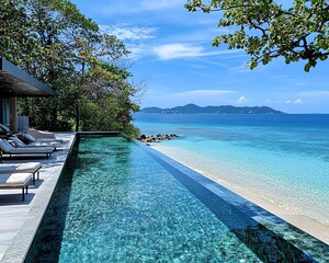 Fototapeta premium Luxury beachfront villa with infinity pool, stunning ocean view.