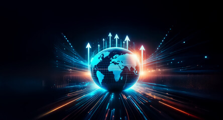 Bright globe with arrows pointing up, encircled by light trails. Depicts global growth, tech advancement, and worldwide connectivity.