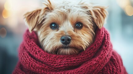 A charming dog nestled comfortably in a warm red scarf, exuding cuteness and warmth, perfect for conveying feelings of comfort, love, and companionship during winter.