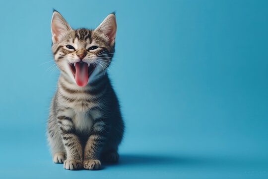 Cute gray tabby cat sitting on the floor with tongue out, showing its teeth and yawning