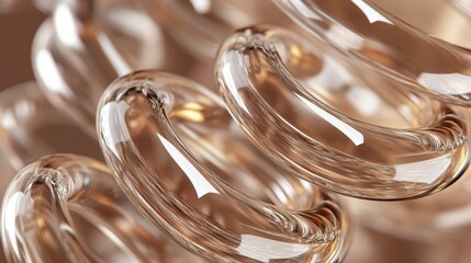 Abstract geometric Mocha Mousse background with glass spiral tubes, flow clear fluid with dispersion and refraction effect, crystal composition of flexible twisted pipes, modern 3d wallpaper, design