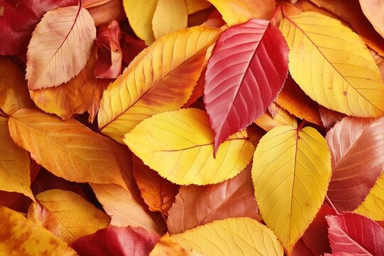 Pile of Colorful Autumn Leaves in Red Yellow and Orange on The Ground Surface